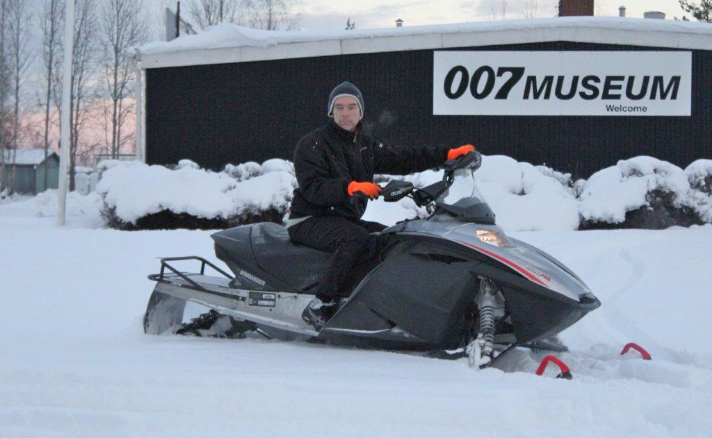 Winter in James Bond 007 Museum Sweden Nybro with James Bond on his Bombardier Ski-Doo MX Z (E) 600 HO (R) snowmobile featured in new James Bond film, Die Another Day 2002.