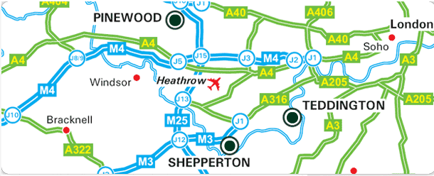 Pinewood Studios Location  Pinewood is located in heart of the Buckinghamshire countryside, just 8 miles from Heathrow and 20 miles from Soho. 