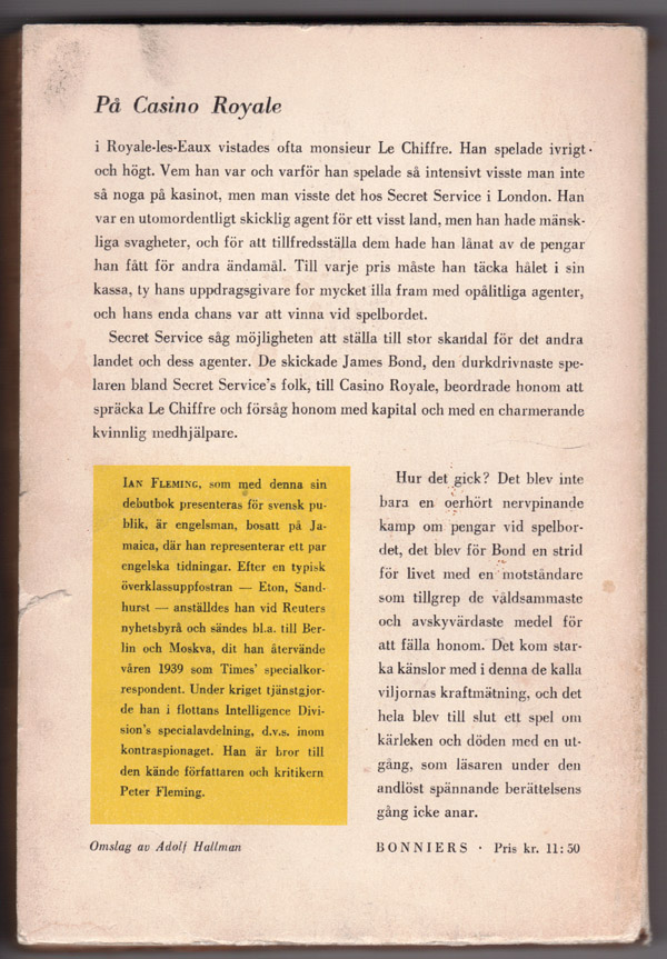 versttning av carl sundell engelsk originaltitel casino royale printed in sweden stockholm in sweden stockholm albert bonniers boktryckeri 1955 omslag adolf hallman