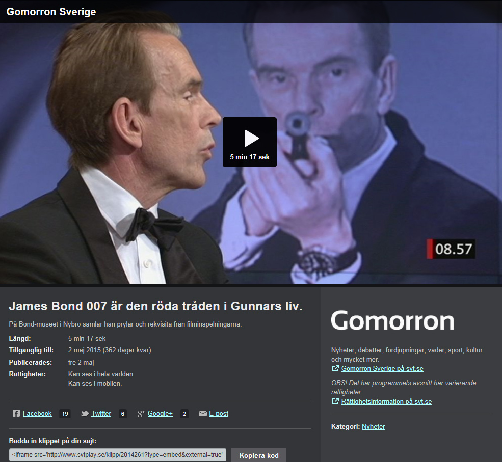Museichef Gunnar James Bond Schäfer James Bond 007 museum i Nybro Sverige Programledare: Hiba Daniel och Mats Nyström Välkommen till Gomorron ... 