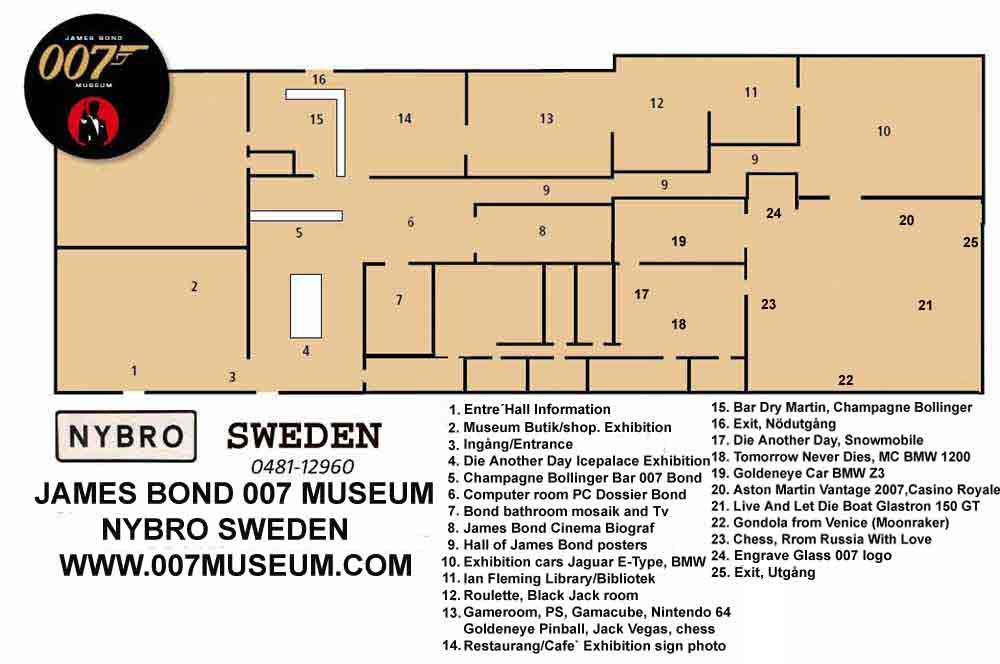 Booking! Call or emejl +46(0)48112960 ,  007museum@telia.com MAP OVER THE JAMES BOND 007 MUSEUM IN SWEDEN NYBRO over 1000 square meter