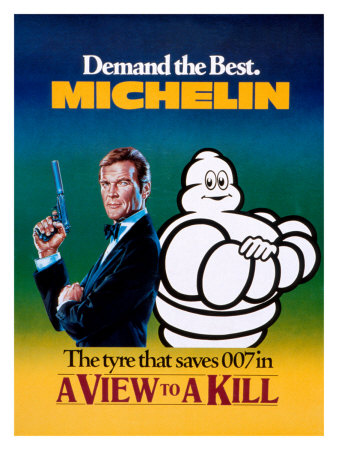 In 1985 Bibendum shared the limelight with James Bond in the film 'A view to a kill'. In a scene where Bond is trapped in a Rolls Royce pushed into a lake, he manages to escape by breathing air from the car's Michelin tyres.