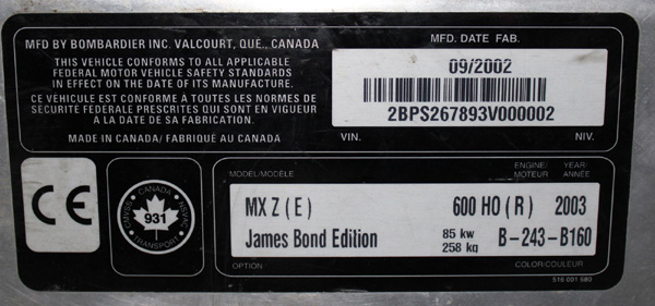 Bombardier Ski-Doo MX Z (E) 600 HO (R) snowmobile featured in new James Bond film, Die Another Day 2002.   Now in The James Bond museum Nybro Sweden